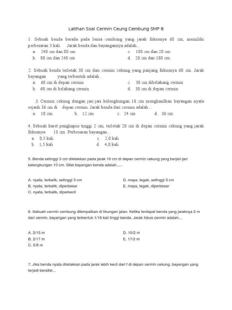 Latihan Soal Cermin Cekung Cembung Smp 8