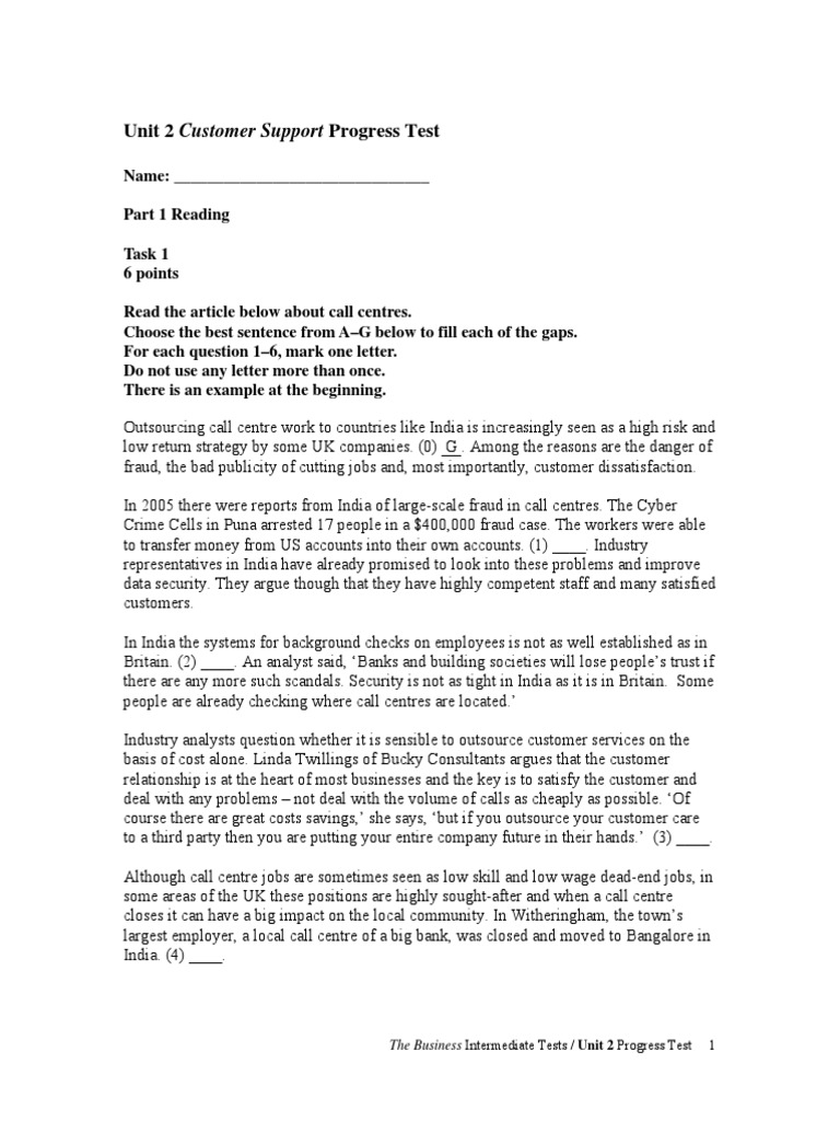 Unit 2 Progress Test | PDF | Call Centre | Outsourcing