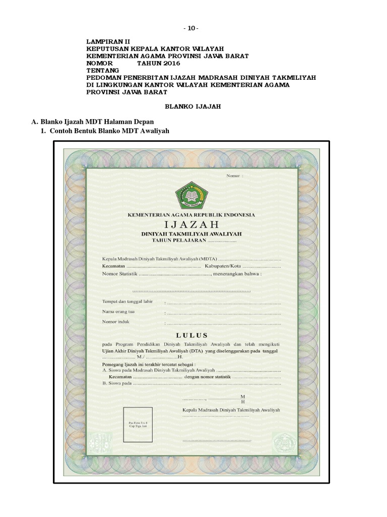 Contoh Ijazah Madrasah Diniyah