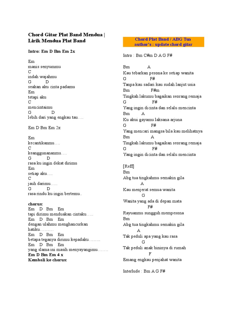 Chord Gitar Plat Band Mendua