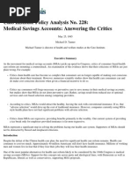 Medical Savings Accounts: Answering The Critics, Cato Policy Analysis