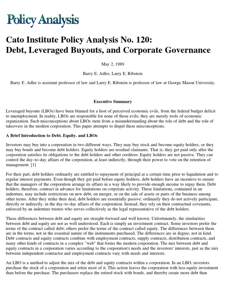 Debt, Leveraged Buyouts, and Corporate Governance, Cato Policy Analysis