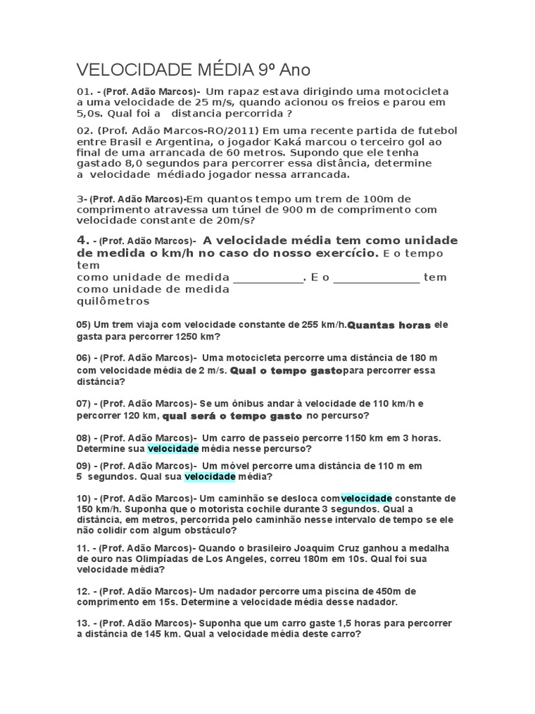 Exercícios de Velocidade Média 9º Ano | PDF | Carro | Transporte