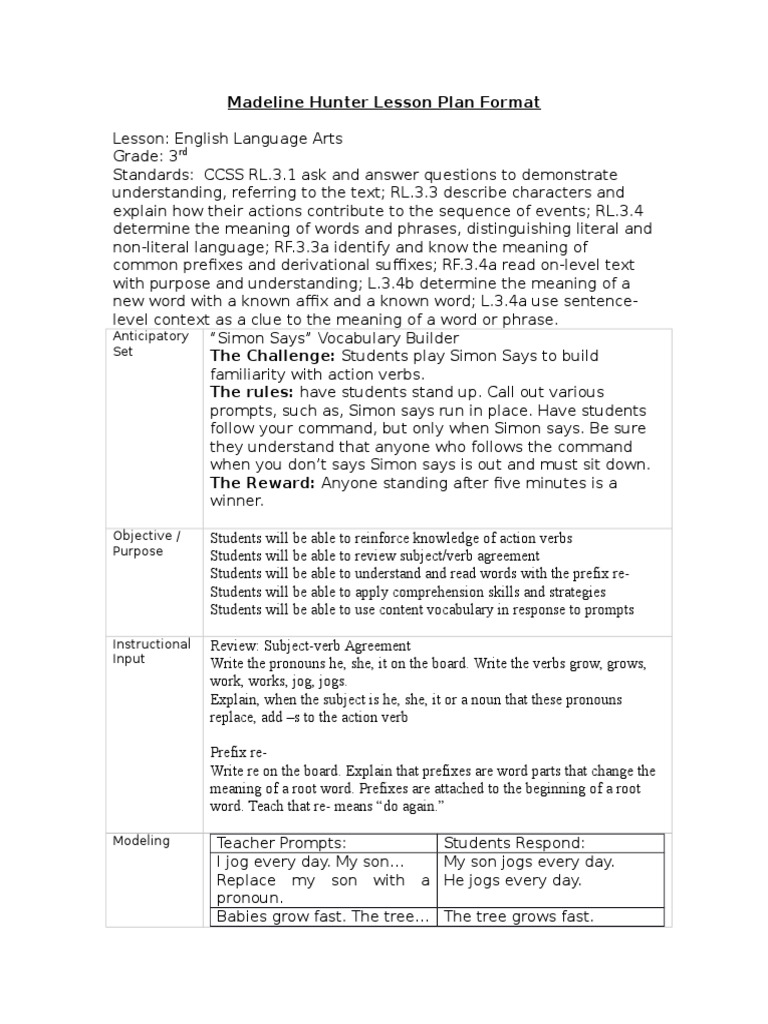 Madeline hunter lesson plan science picture