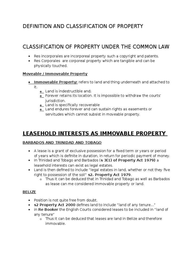 Definition and Classification of Property (1) (1) Real Property Property