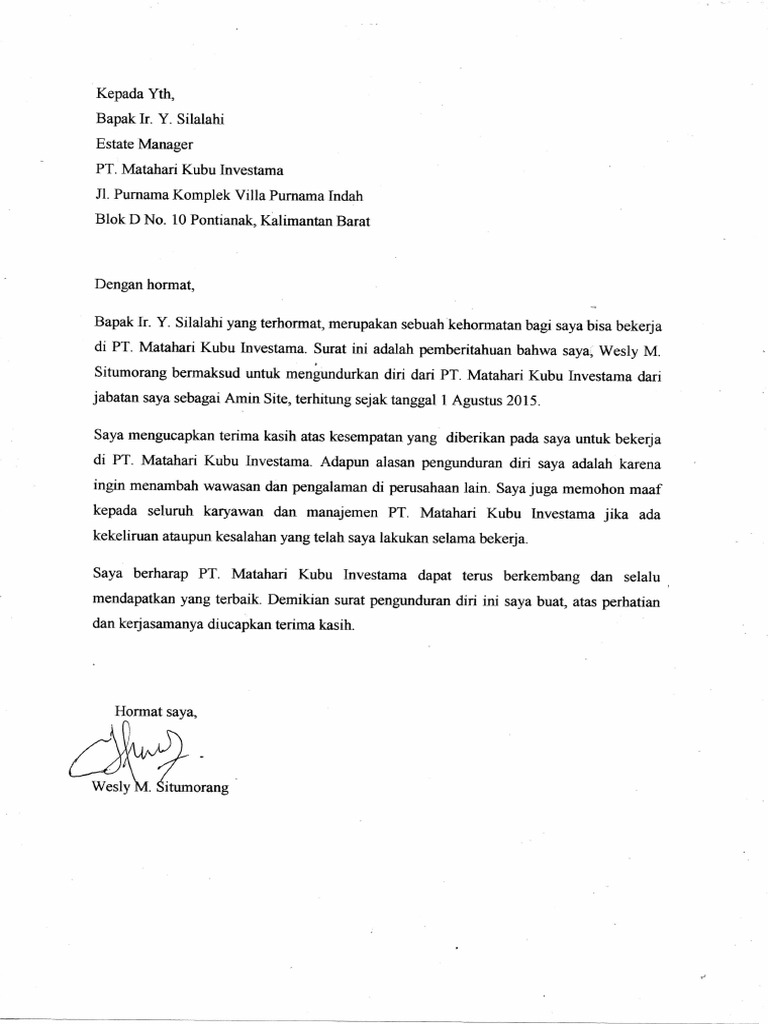 Contoh Surat Resign Kepada Dato