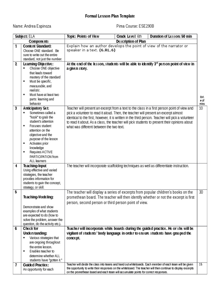 6th Grade ELA Lesson Plan: Points of View | PDF | Lesson Plan ...
