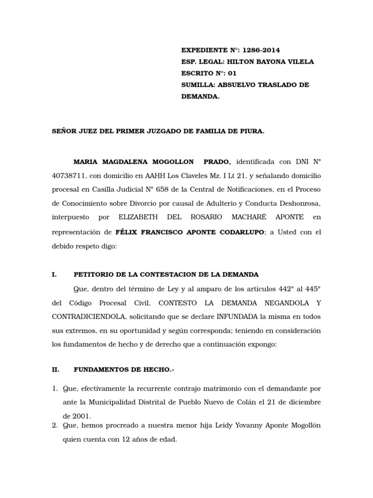 Contesta Demanda de Divorcio Manutención de los hijos Demanda judicial