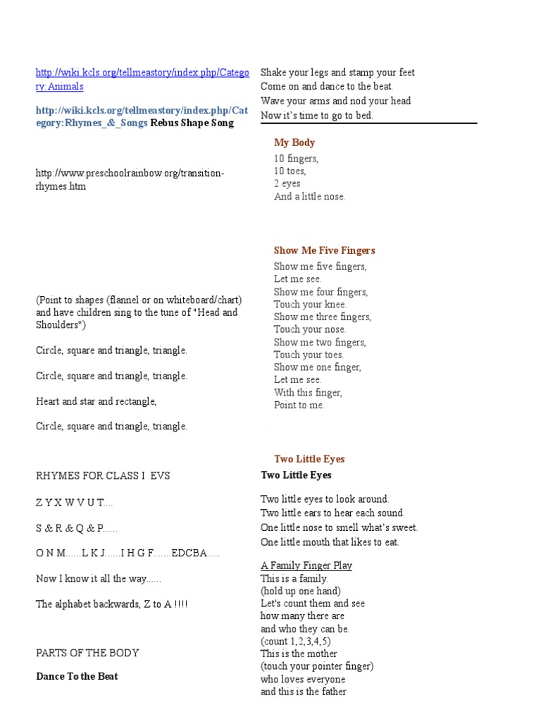 Rhymes and Songs for Class 1 | PDF | Yellow | Airplane
