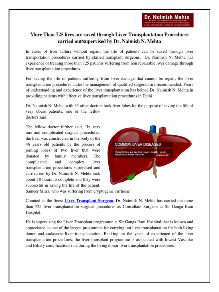 More Than 725 Lives Are Saved Through Liver Transplantation Procedures