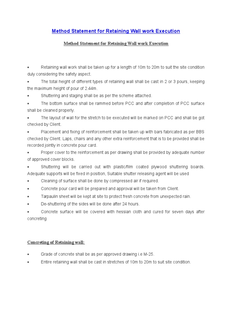 Retaining Wall Construction Method Statement | PDF | Home & Garden