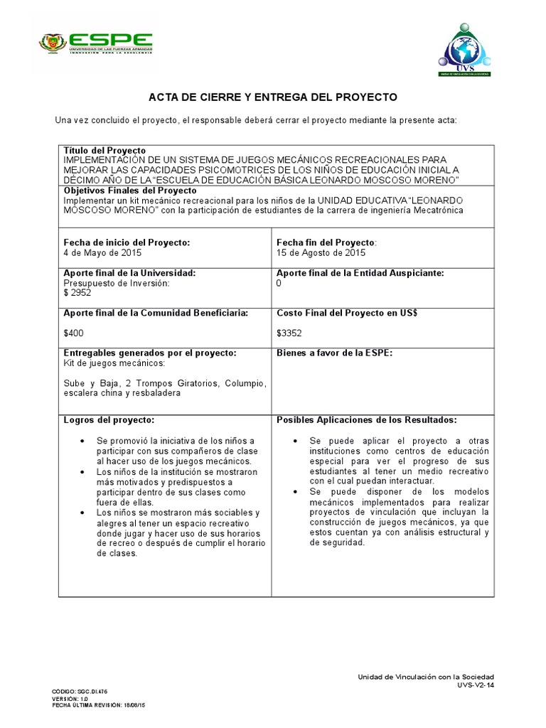 10.acta de Cierre y Entrega Del Proyecto | PDF | Science | Ciencia ...