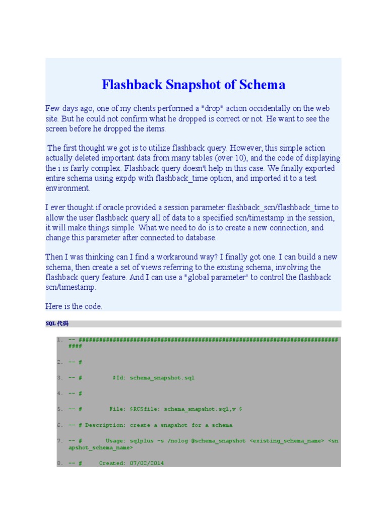 Flashback Snapshot of Schema PDF Database Index Sql