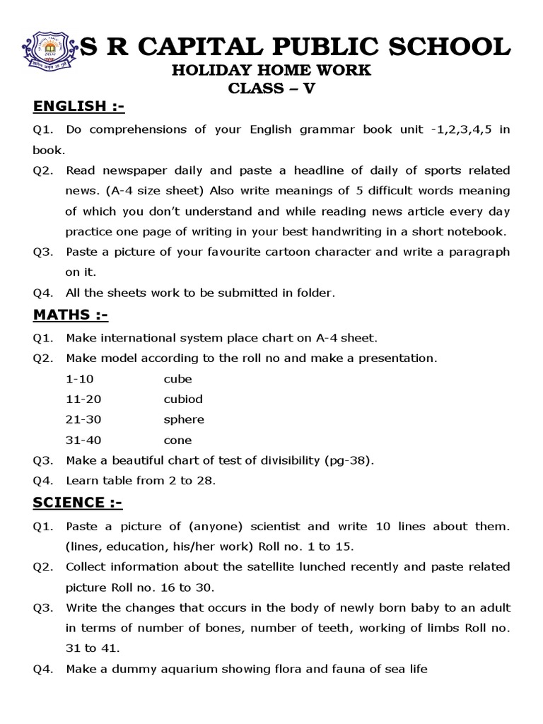 holiday assignment for class 5 science