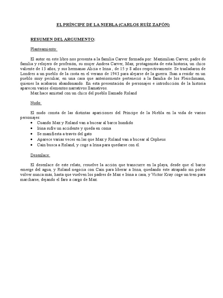 Resumen Por Capitulos Del Principe De La Niebla