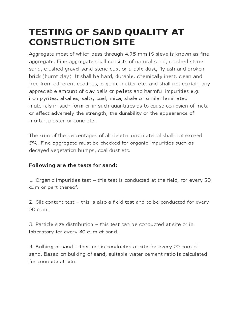Testing Of Sand Quality At Construction Site Pdf Sand Shale