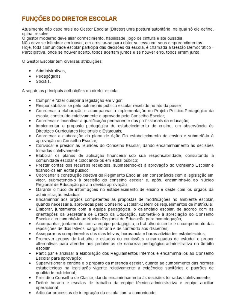 Funções Do Diretor Escolar | PDF | Lei das Obrigações | Escolas