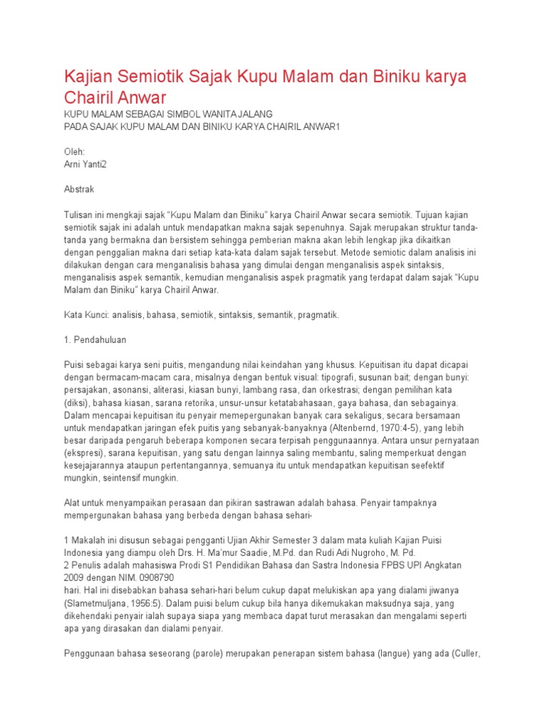 Contoh Analisis Puisi Menggunakan Teori Dekonstruksi KT