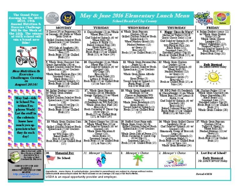 May-June 2016 Menu-Elementary Lunch-Revised 4-28-16 | PDF | Salad ...