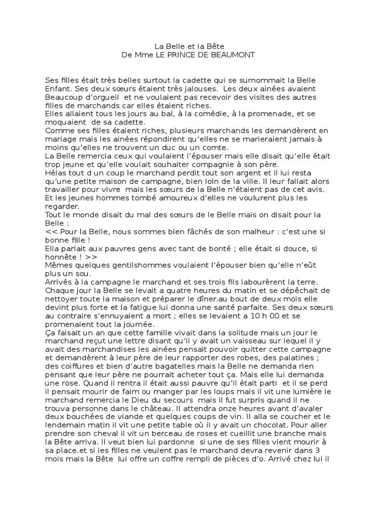 La Belle Et La Bête Texte à Imprimer Résumé La Belle Et La Bête | PDF