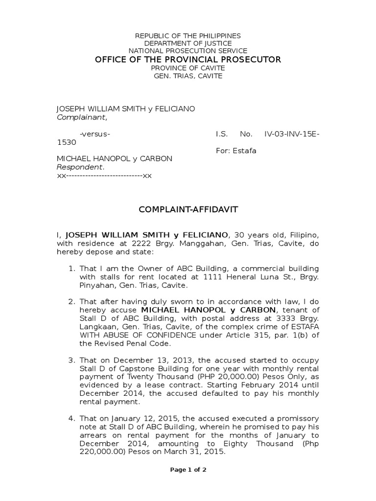 Complaint Affidavit | Renting | Politics | Free 30-day Trial | Scribd