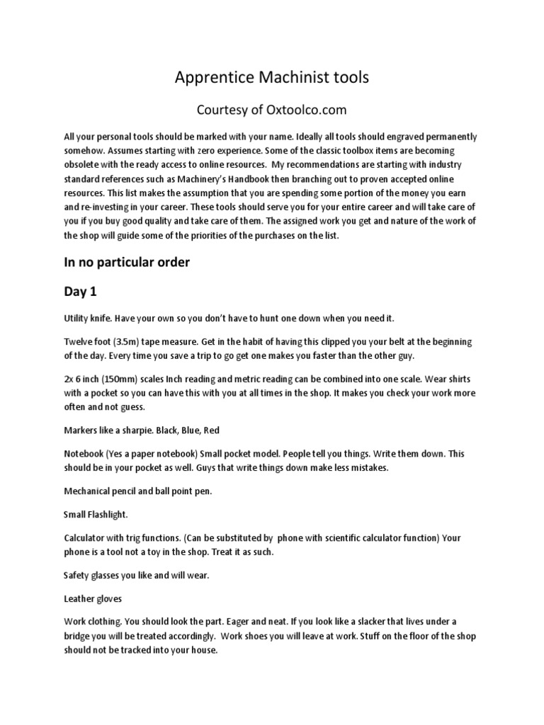 Apprentice Machinist Tools | Download Free PDF | Tools | Equipment