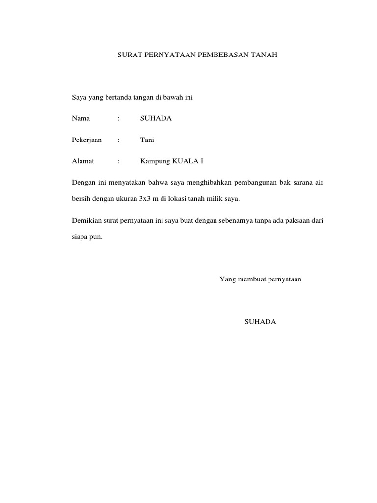 Contoh Surat Pembebasan Lahan Belajar