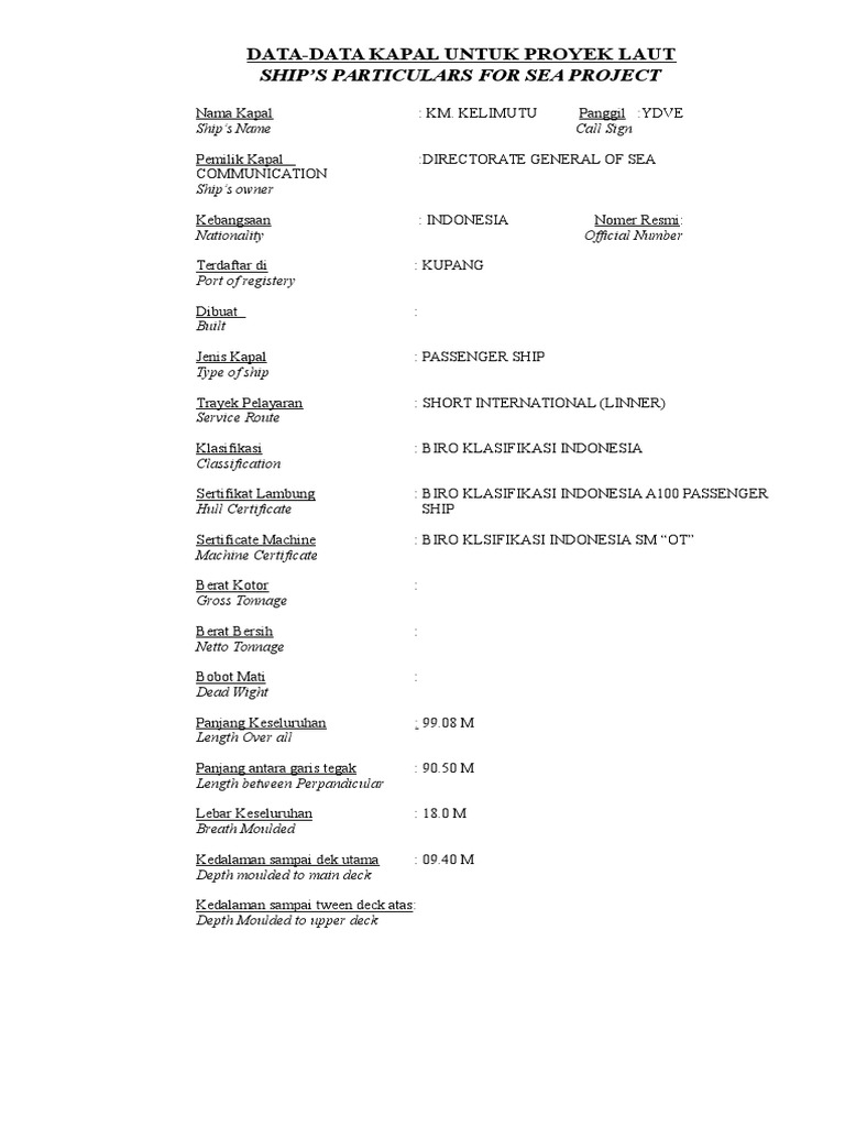 Ship Particulars for KM. Kelimutu | PDF