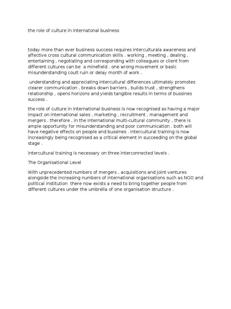 The Role of Culture in Intern Atonal Business | PDF | Cross Cultural ...