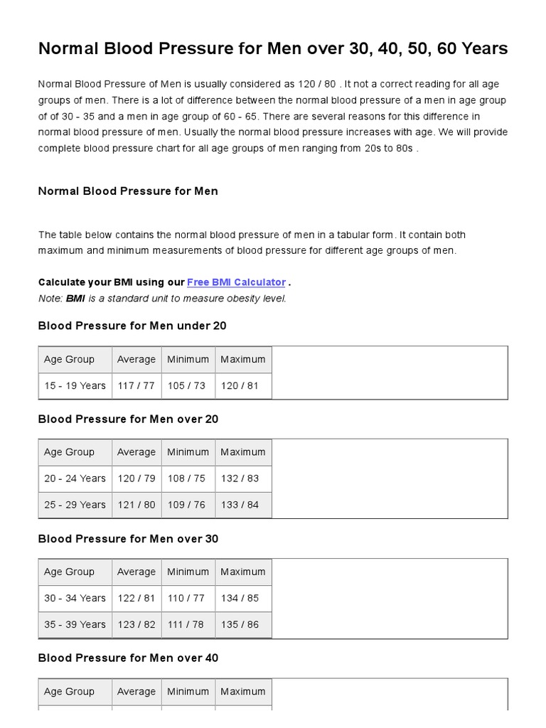 Normal Blood Pressure For Men Over 30, 40, 50, 60 Years ...