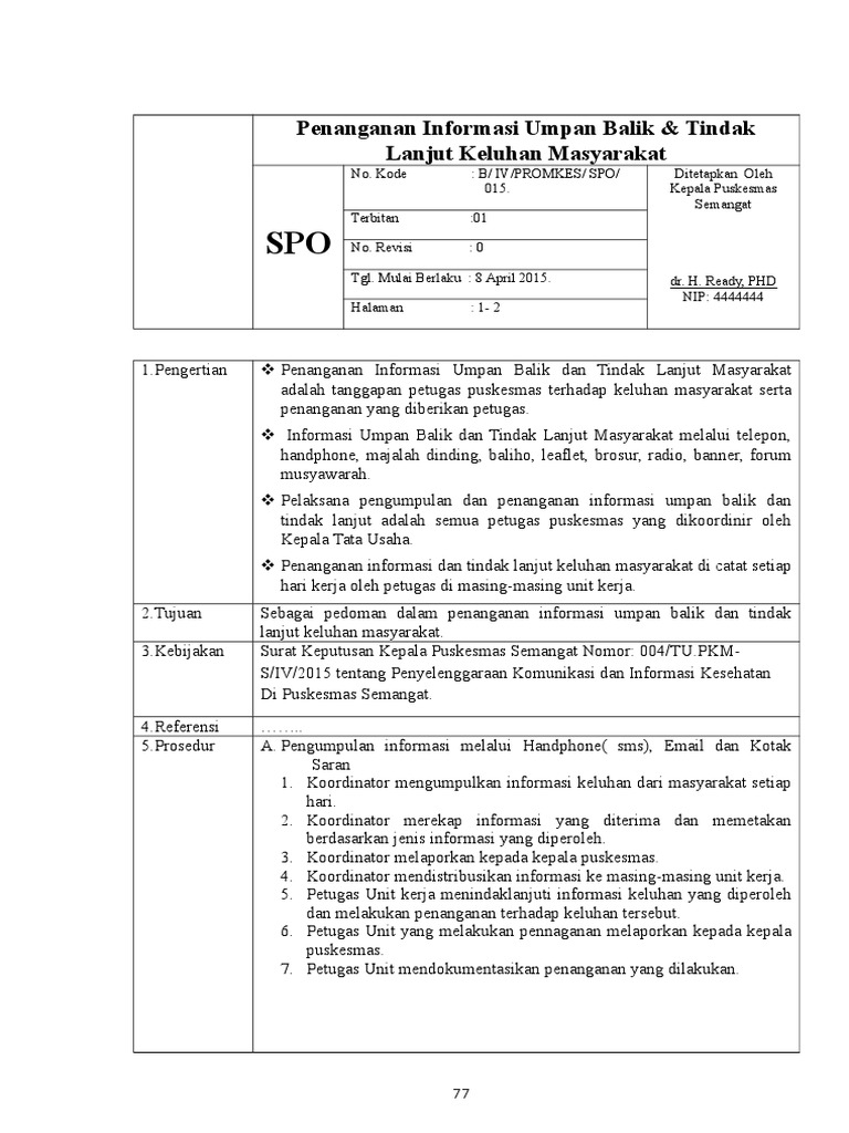 Spo Penanganan Informasi Umpan Balik Dan Keluhan Tindak Lanjut Keluhan Masyarakat