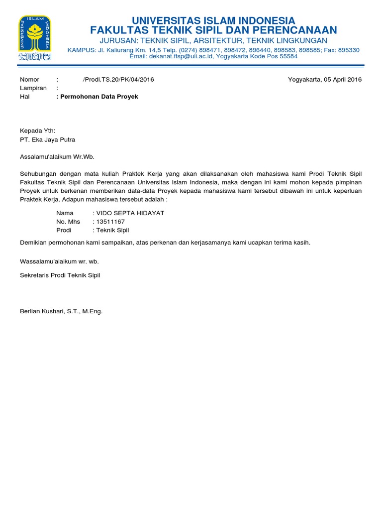 Contoh Surat Permohonan Data Sekunder Sebagai Final Year Project