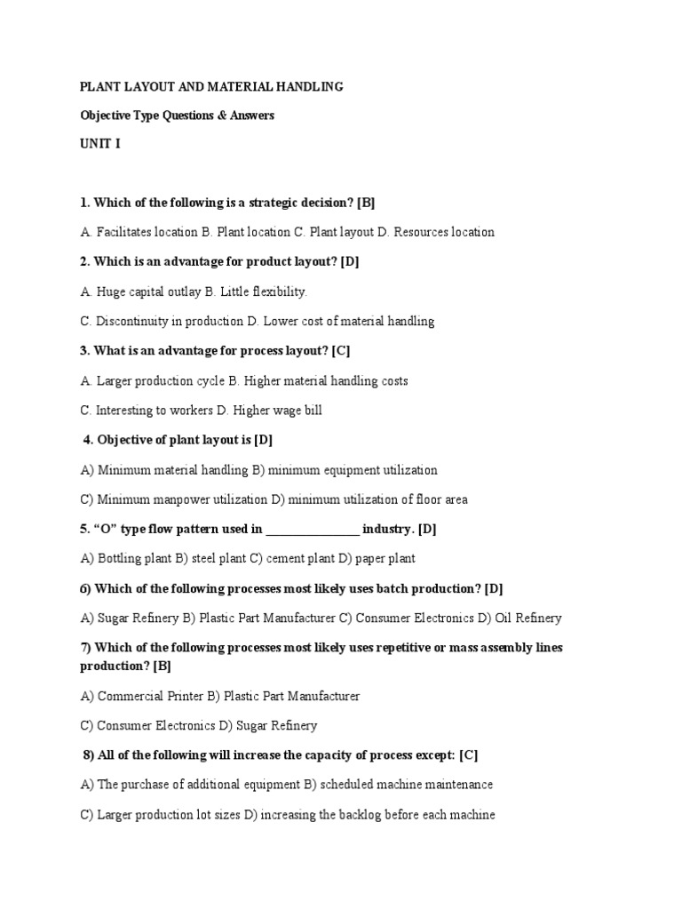 Unit I Plant Layout and Material Handling Objective Type Questions