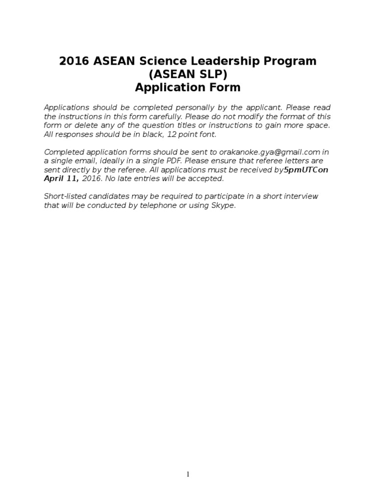 2016 ASEAN Science Leadership Program (Asean SLP) Application Form ...