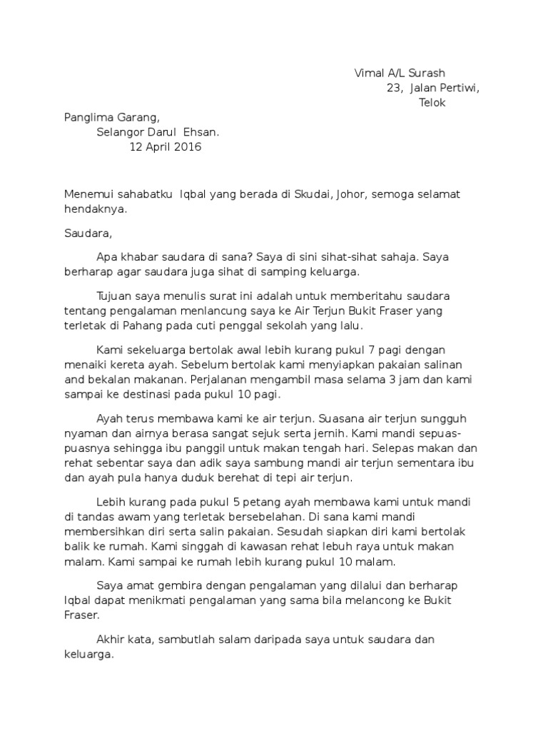 Contoh Surat Tidak Rasmi Kepada Kawan Upsr