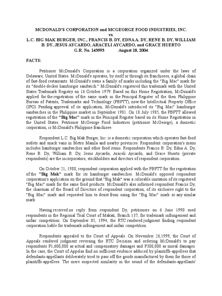 Mcdonald S Corp Vs L C Big Mak Burger Inc Trademark Mc Donald S