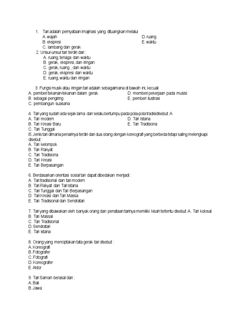 Kumpulan Contoh Soal Seni Tari