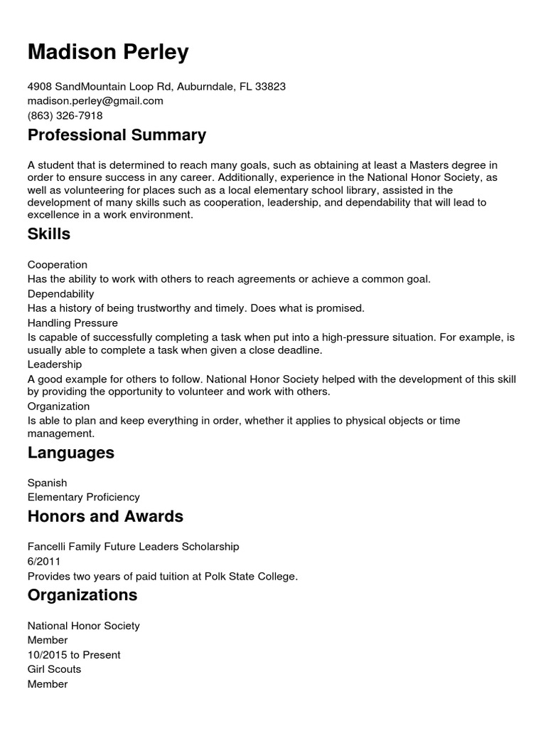 Madison Perley: Professional Summary | PDF