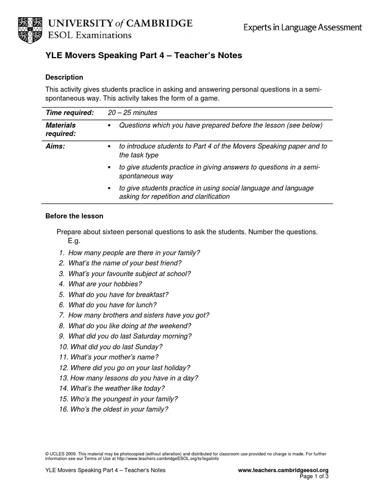 Movers Speaking Part 4 | PDF | Question | Test (Assessment)