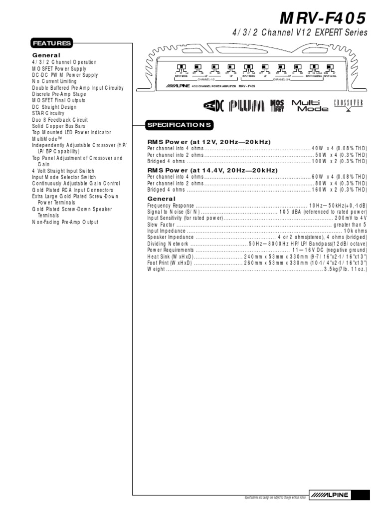 Alpine Amp mrvf405 Spec Install PDF | PDF | Amplifier | Loudspeaker
