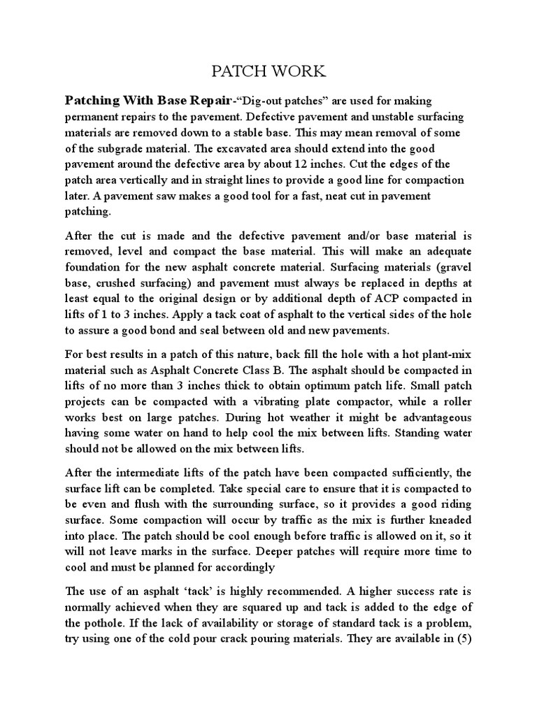 Patch Work Patching With Base Repair PDF Road Surface Road