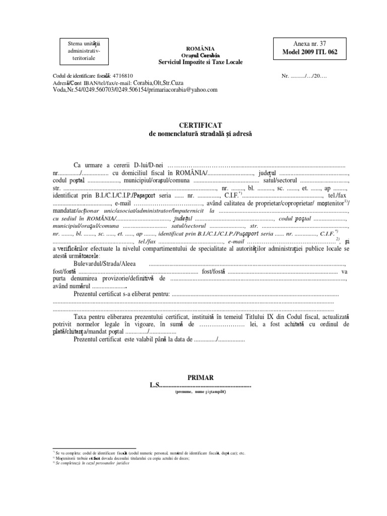 Certificat de Nomenclatura Stradala | PDF