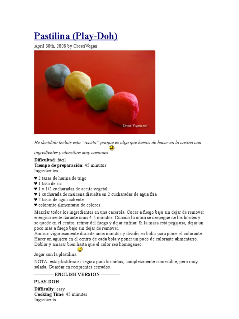 Pastilina Casera (Play-Doh) | PDF | Alimentos | Comida y bebida