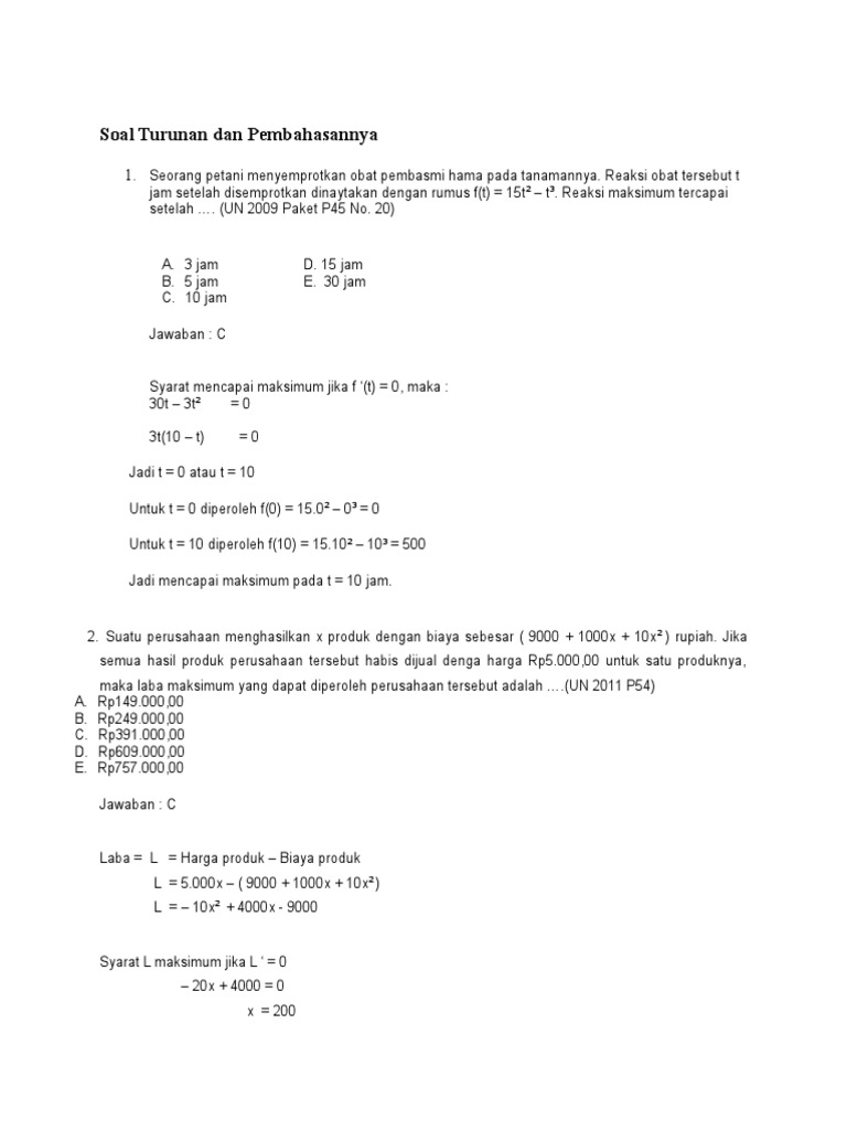 Soal Matematika Turunan Dan Pembahasannya