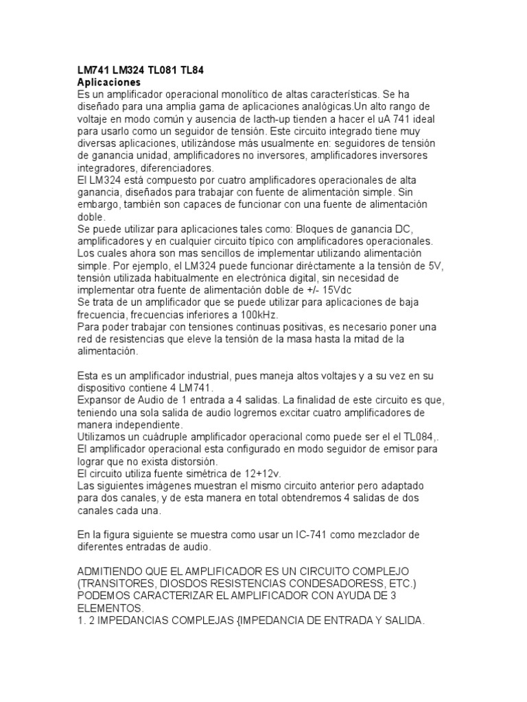LM741 LM324 TL081 TL84 Descargar gratis PDF Amplificador