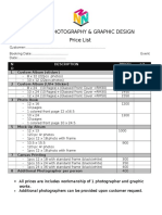 N Vision Photography & Graphic Design Price List