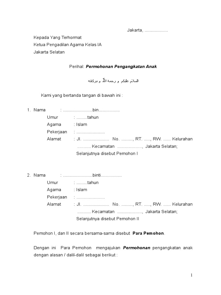 Contoh Permohonan Pengangkatan Anak