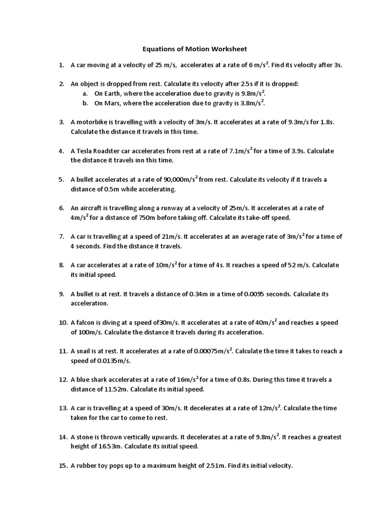 Equations of Motion Worksheet