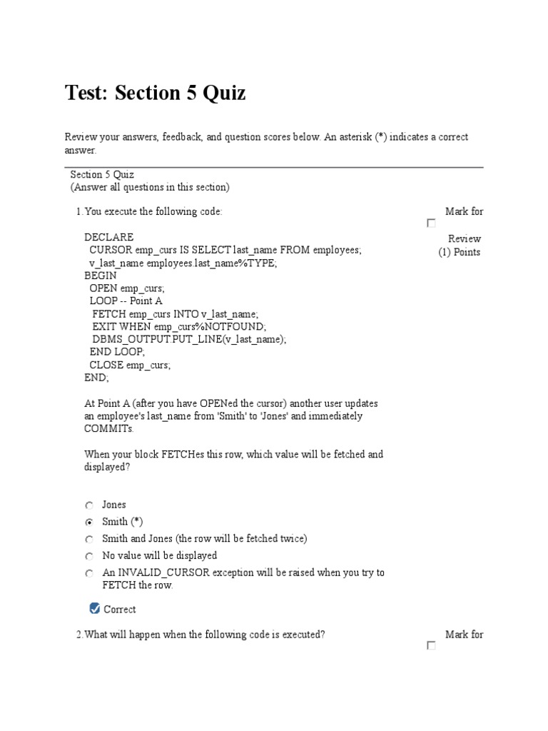 Section 5 Quiz PDF Pl/Sql Computer Data