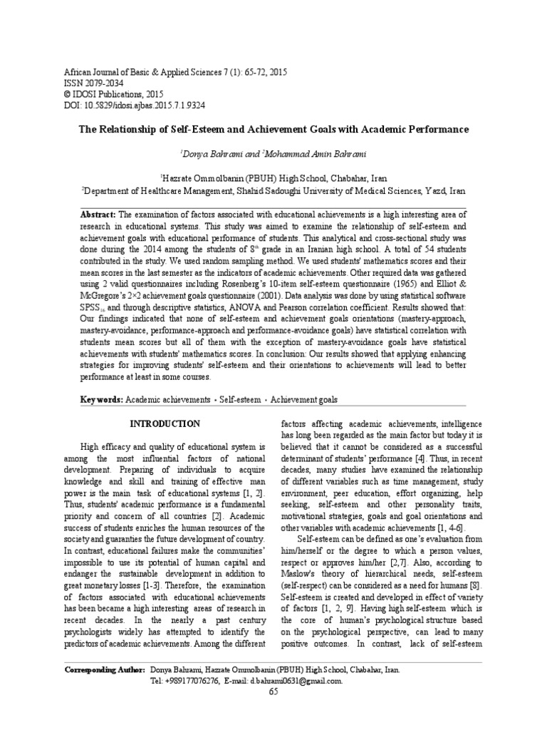 The Relationship of Self-Esteem and Achievement Goals With Academic ...
